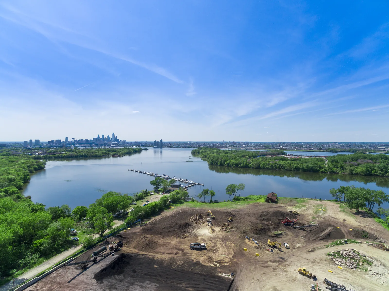 Camden, NJ riverfront development parcel with marina and the Philadelphia skyline across the Delaware