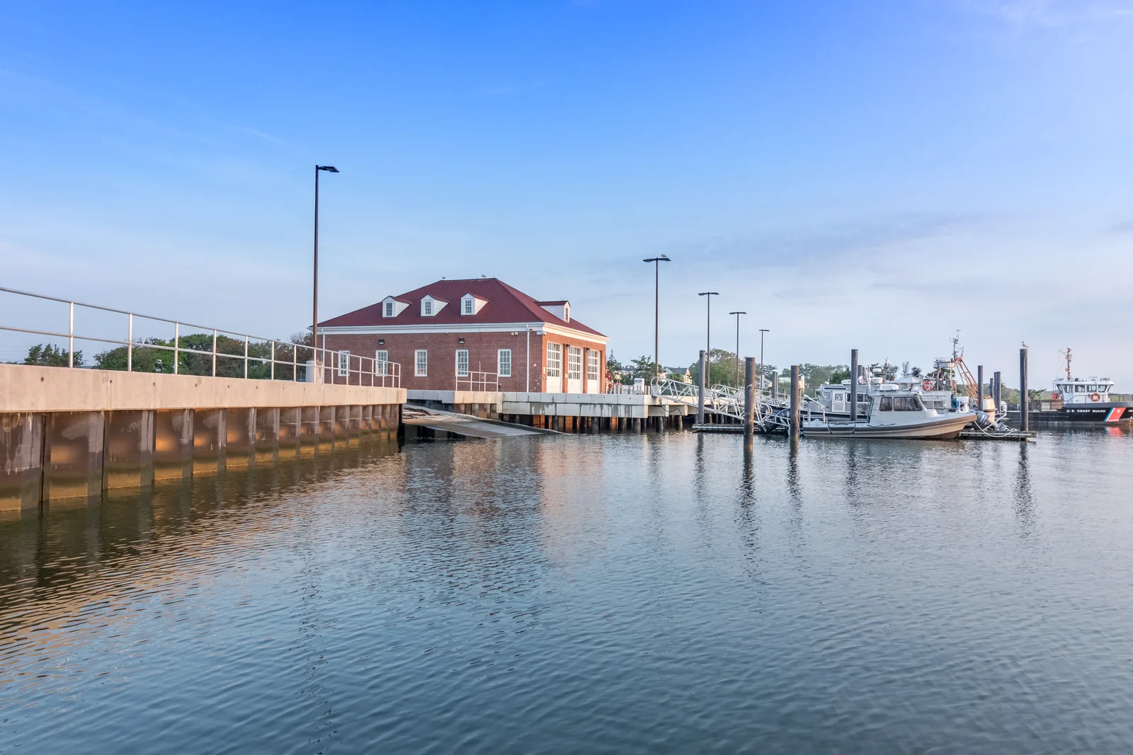 Coast Guard station docks and harbor, photographed for a marine construction client
