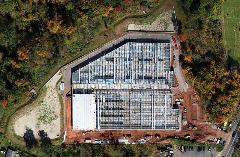 Drone orthomosaic map of a self-storage construction site in Hillsborough, NJ, stitched from one grid flight