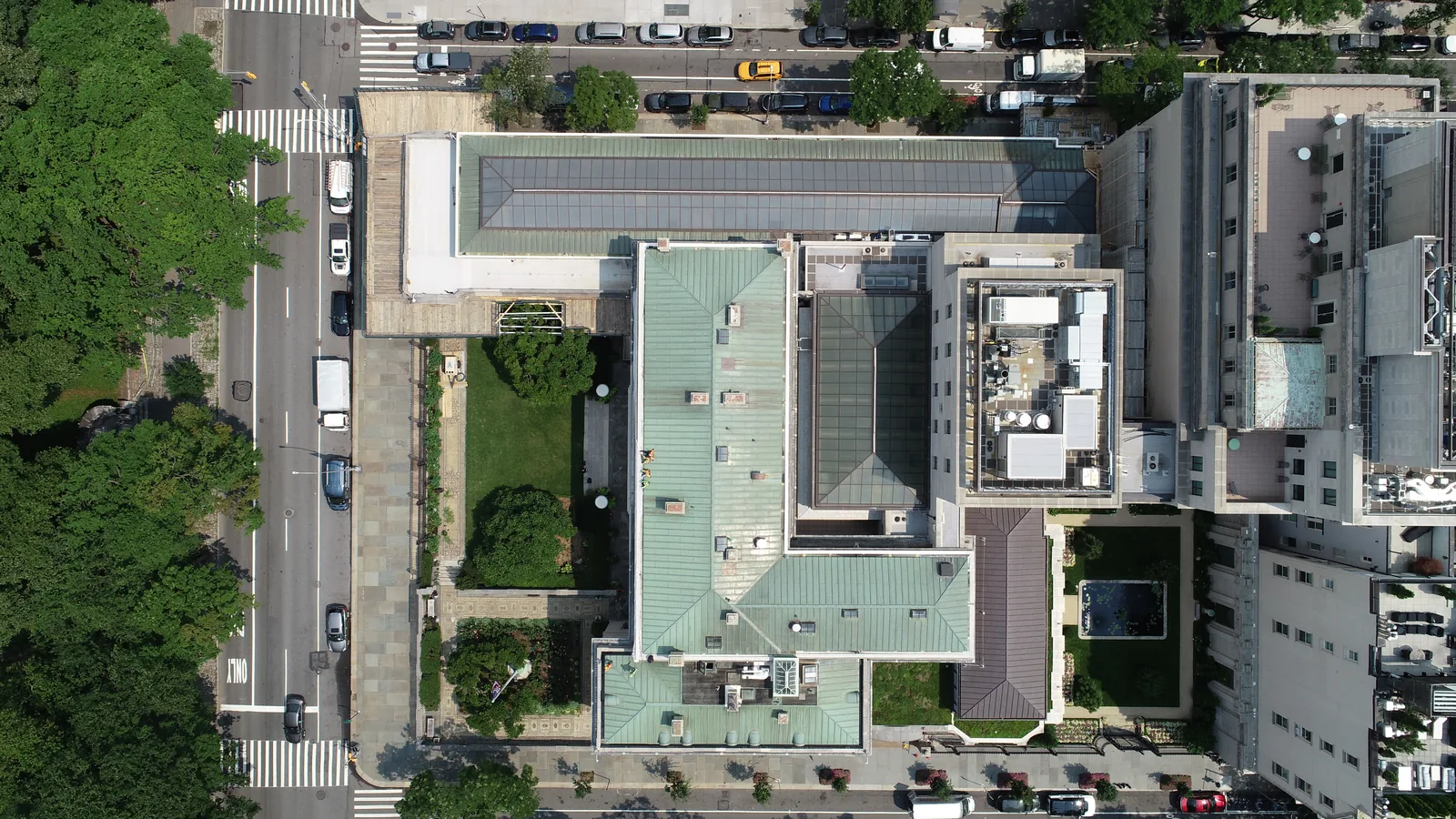 Straight-down view of a museum roof captured during a drone roof inspection