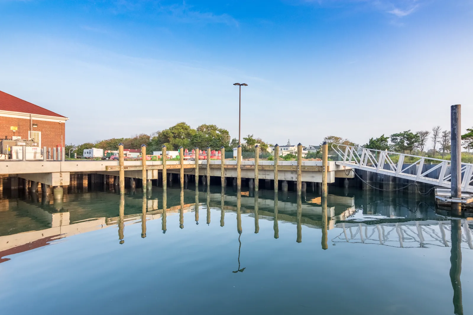 Pier, gangway, and boardwalk at a waterfront Coast Guard station