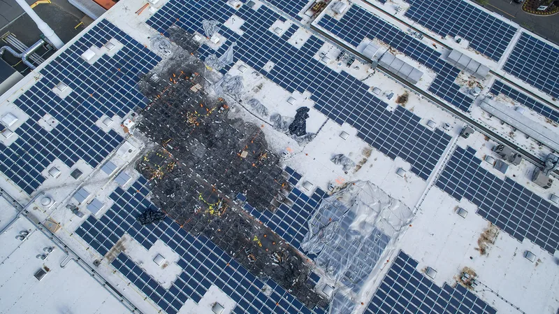 Drone inspection image of a rooftop solar array, documenting the fire-damaged section from above
