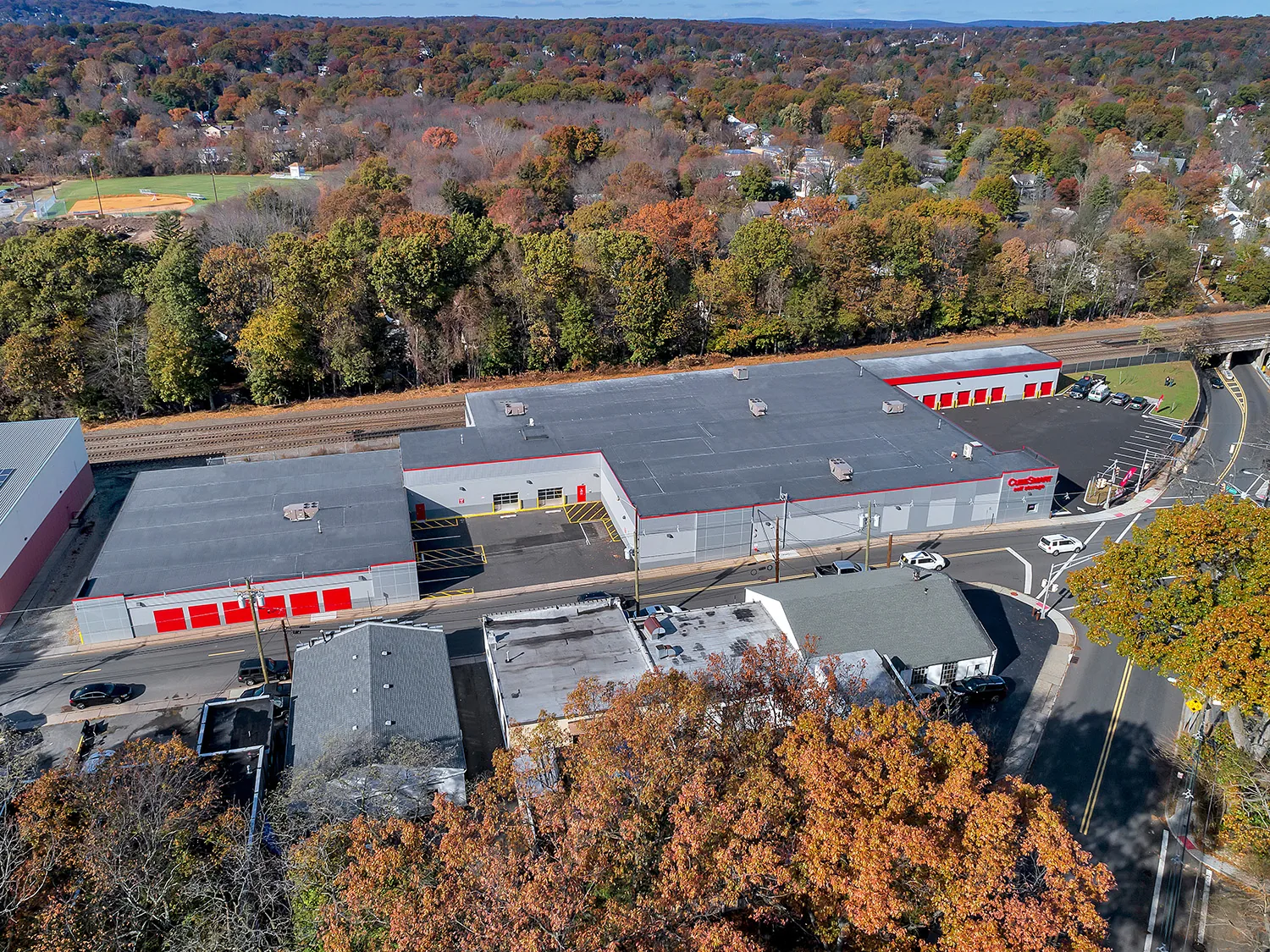 Self-storage property in Glen Rock, NJ, photographed with its surrounding streets and neighborhood
