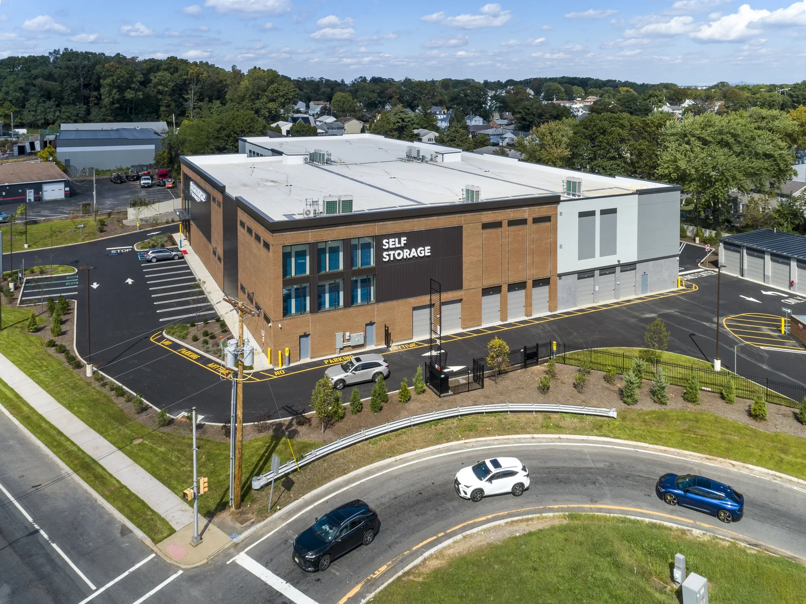 Managed self-storage property from the air: building, drives, and perimeter in one documentation frame